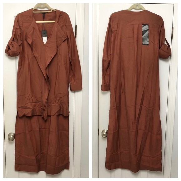 NWT BCBGMaxAzria Gabriella High Low Dress Deconstructed Shirt Brown V-Neck XS - Picture 2 of 6
